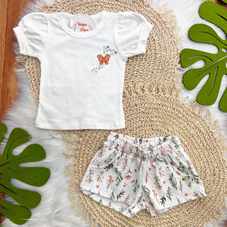 Conj. Blusa Borboleta Bordada e Short Floral - Off White